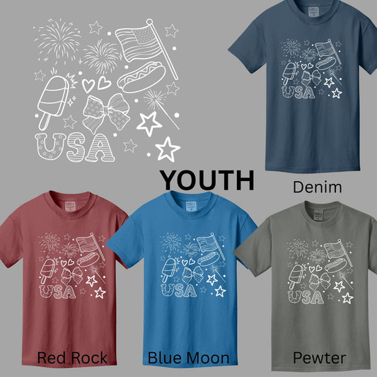 USA Doodles in White Font YOUTH SIZES