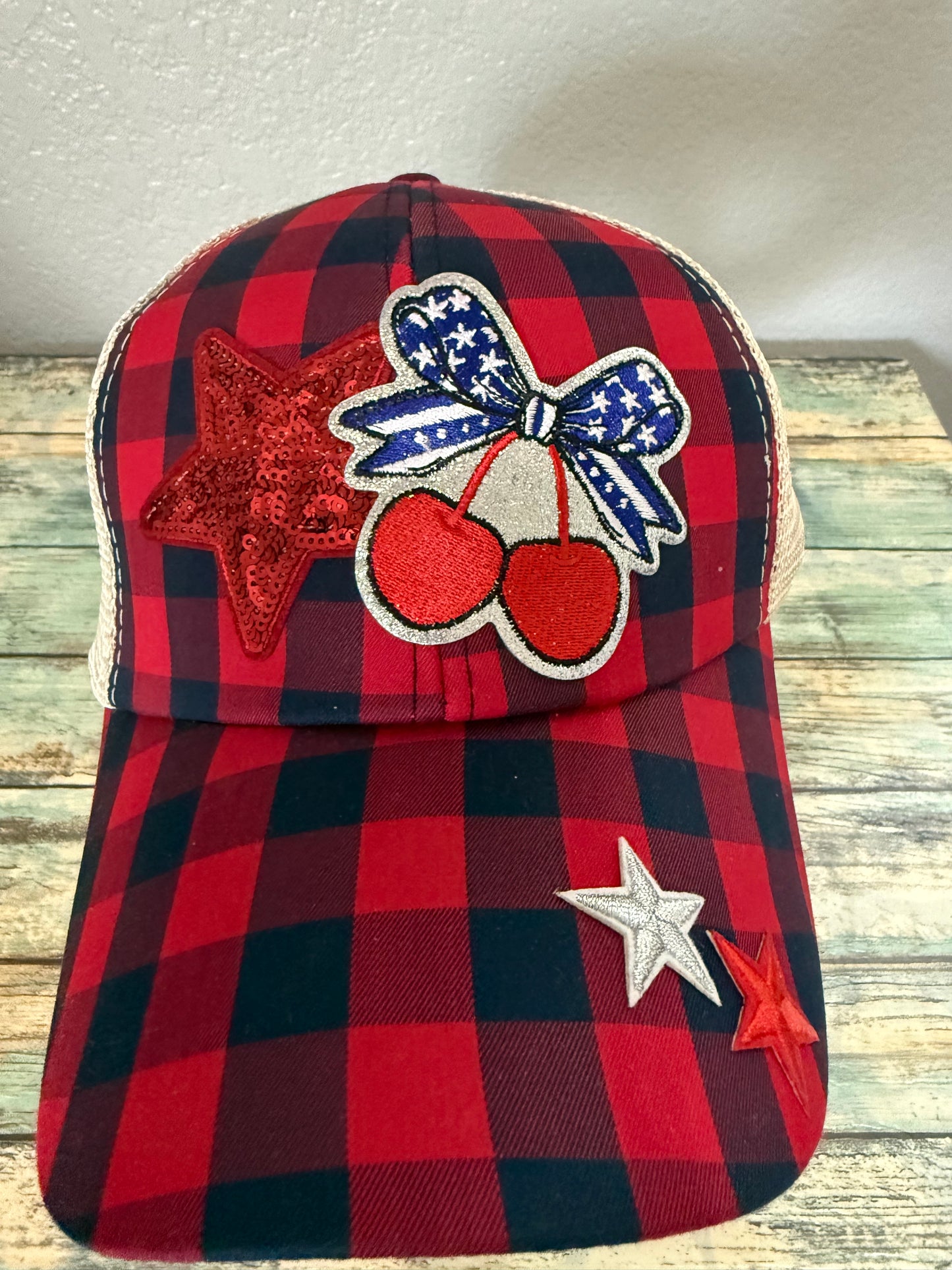 Patriotic Stars and Cherries Ponytail Hat- One of a Kind